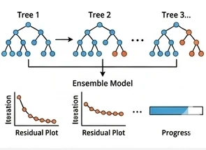 Illustration of gradient-boosted trees building an ensemble sequentially to correct earlier errors