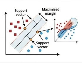 Illustration of a support vector machine finding a margin between classes