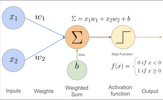 Diagram of a simple perceptron showing inputs, weights, and an output.