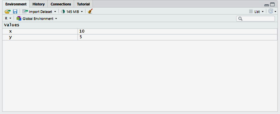 /Introduction_to_R/RStudio%20environment%20pane%20showing%20newly%20declared%20variables