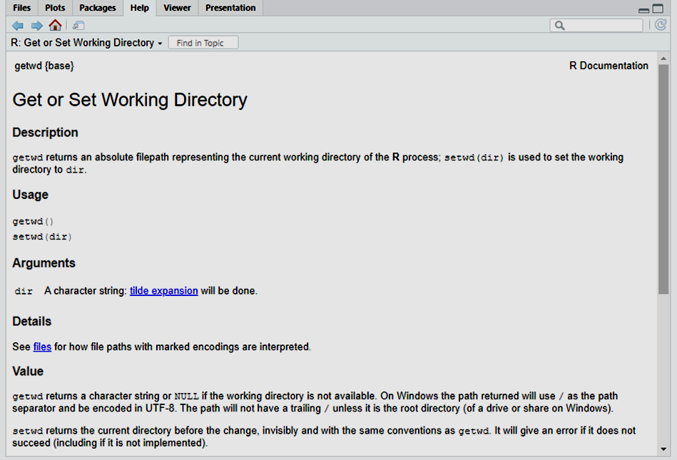 /Introduction_to_R/Help%20pane%20showing%20getwd()%20function