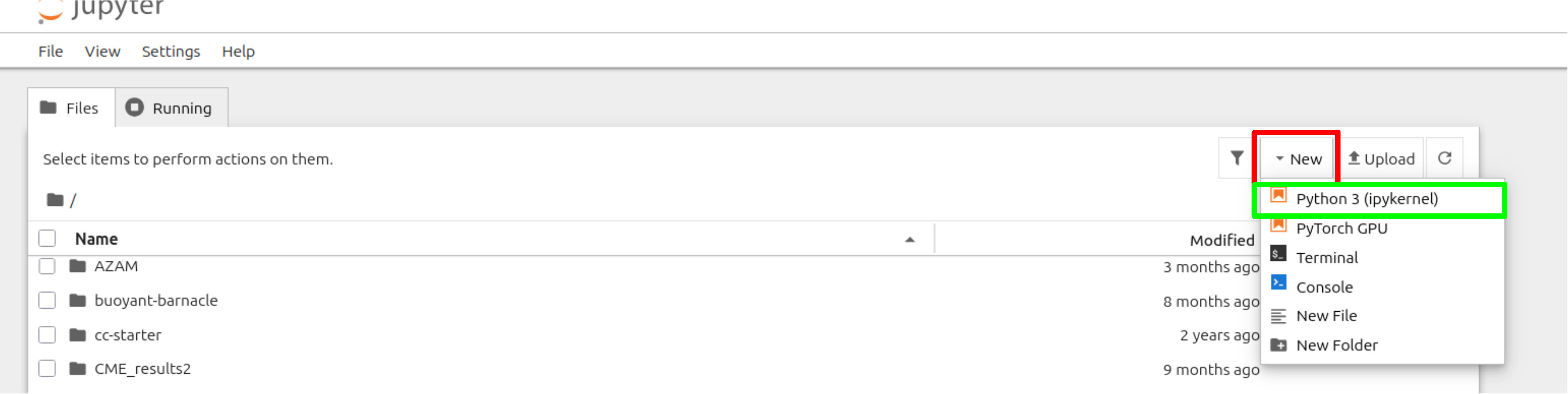 Click the red box to create a new notebook and then select python 3 (ipykernal)