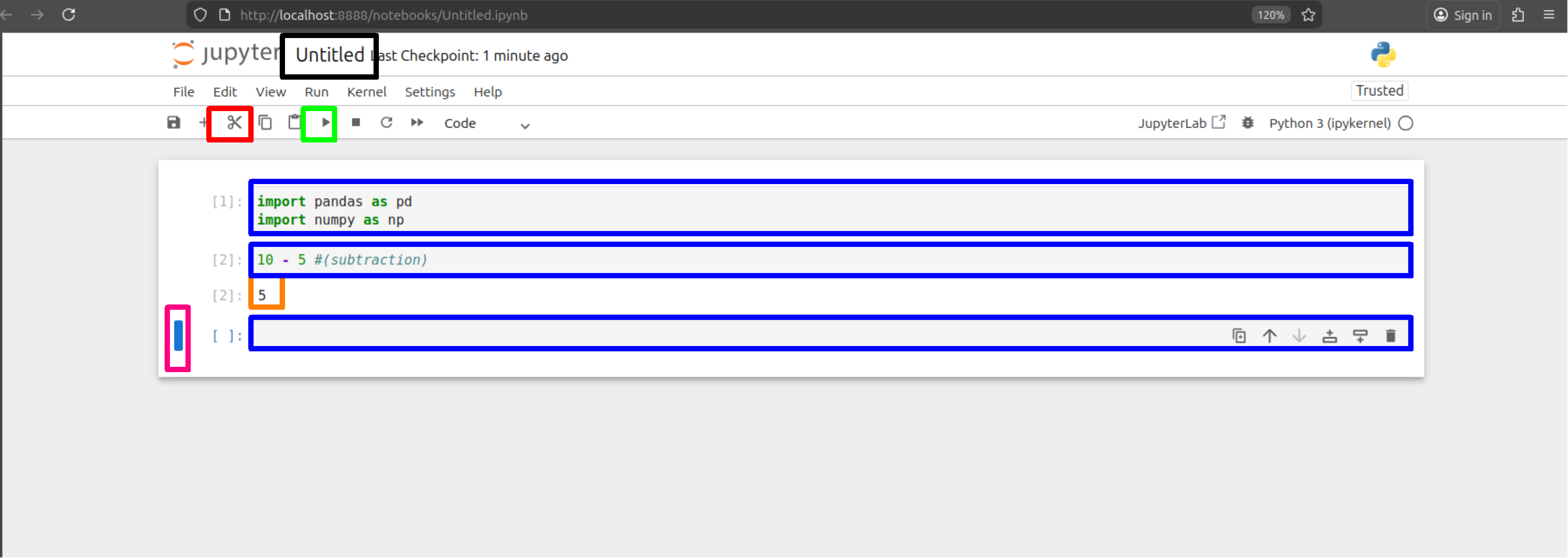 Blue: the cells where you run code, Orange: is the output from a cell above, Pink: is the current cell selected, Red: remove selected cell, Green: Run select cell and Black: Name of worksheet, change by clicking it.