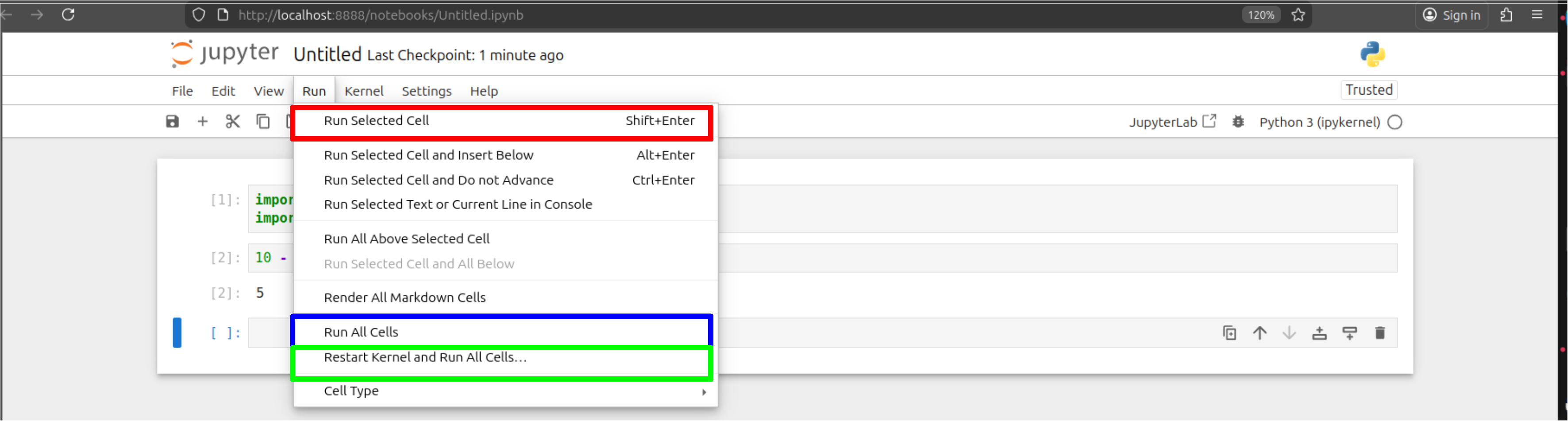 Red: run selected cell, Blue: run all if needing to check of errors and Green is to start and run cells with a blank canvas.